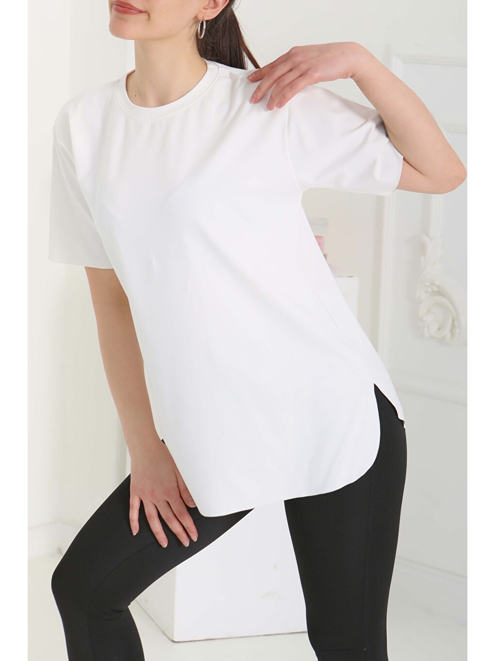 Yırtmalı Kısa Kollu T-Şhirt Beyaz - 27117-2