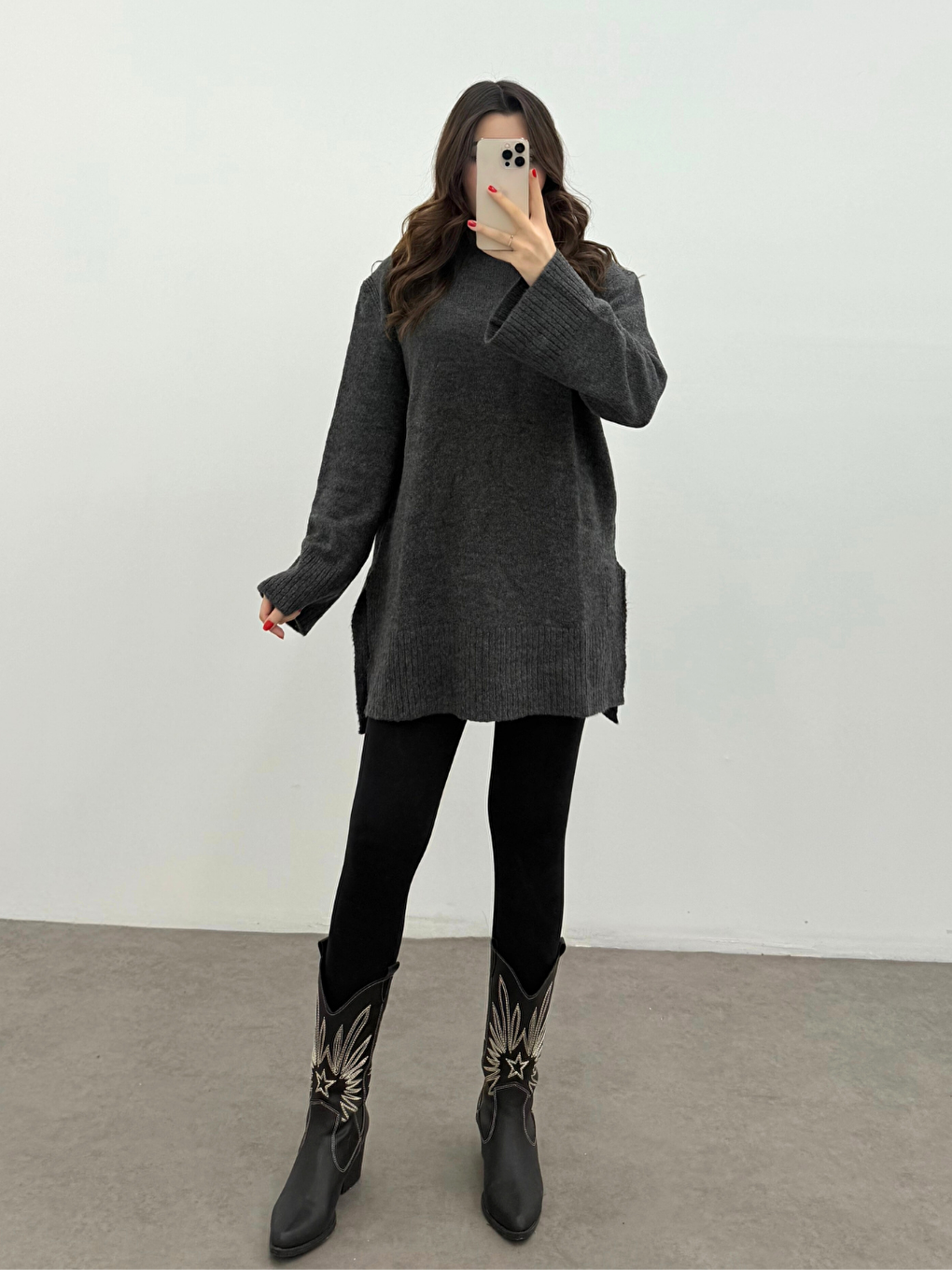 Kadın Antrasit Balıkçı Yaka Yumuşak Dokulu Basic Kazak-4