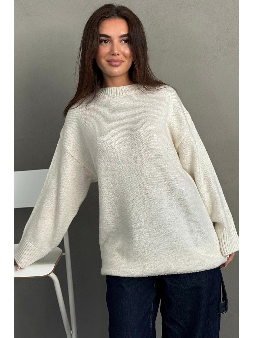 Ekru Bisiklet Yaka Oversize Uzun Kadın Triko Kazak Mg2890-3