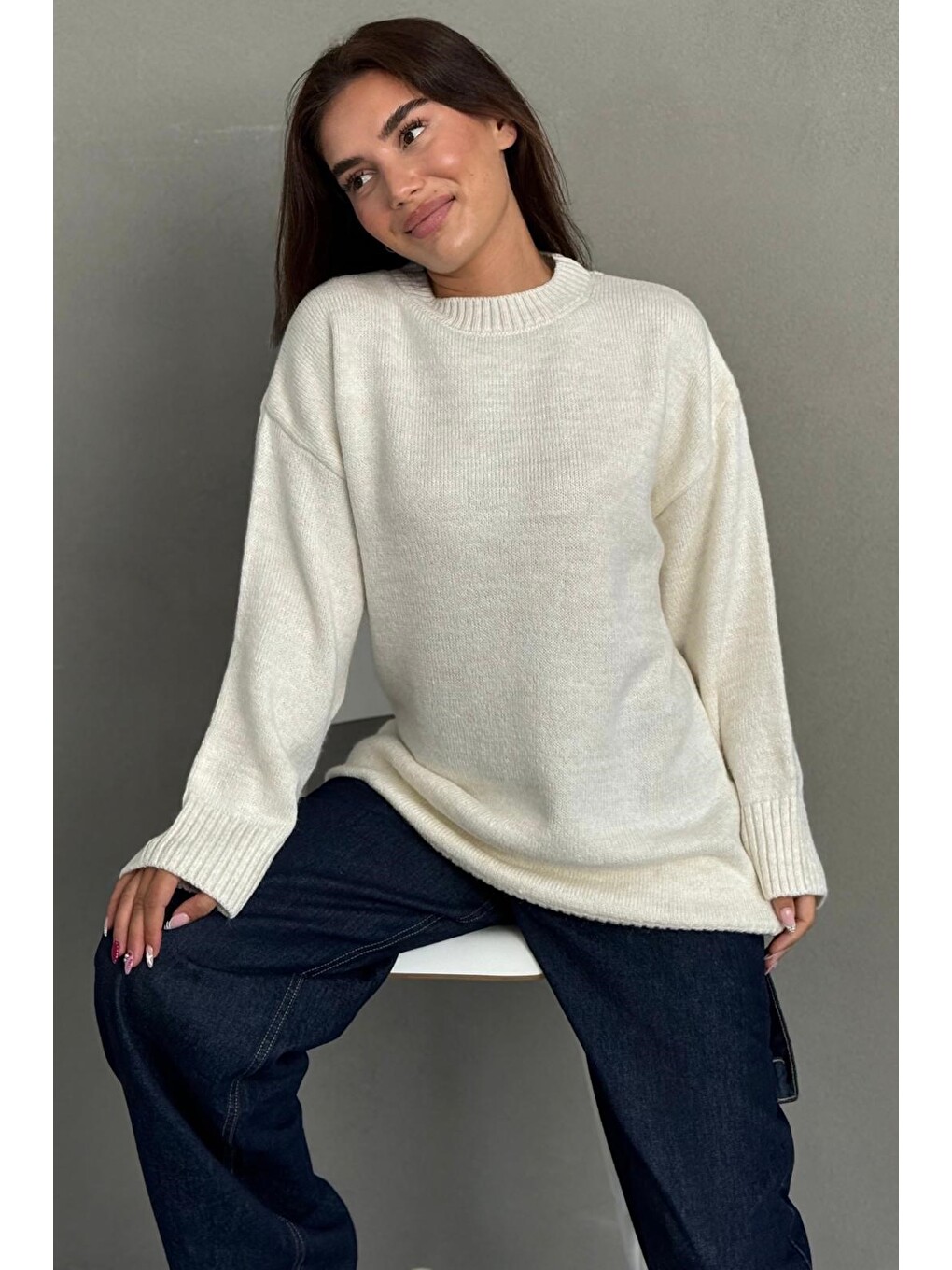 Ekru Bisiklet Yaka Oversize Uzun Kadın Triko Kazak Mg2890-4