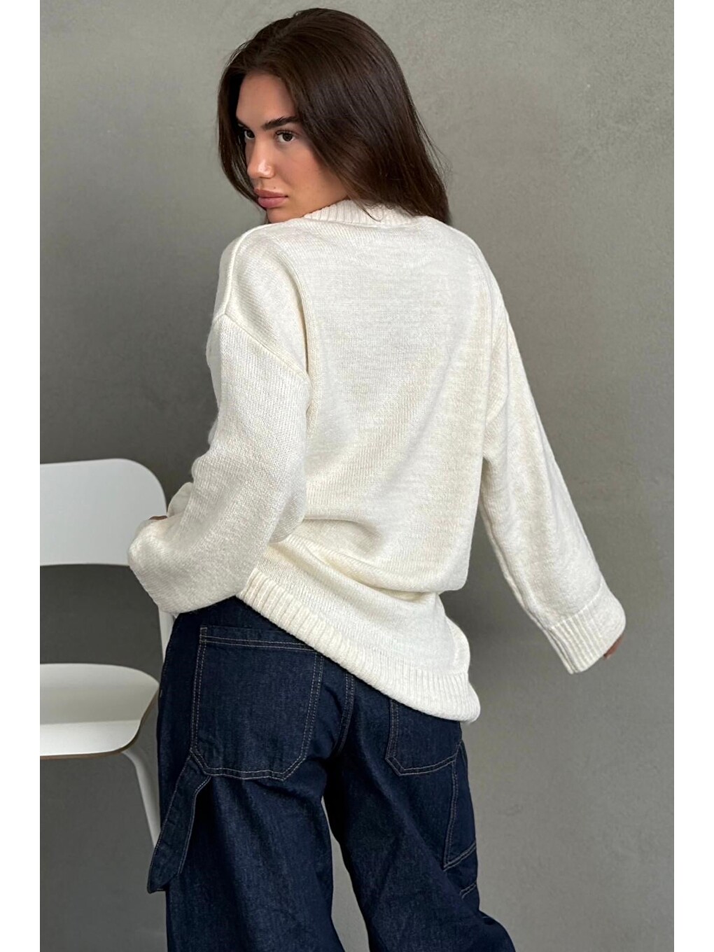 Ekru Bisiklet Yaka Oversize Uzun Kadın Triko Kazak Mg2890-5