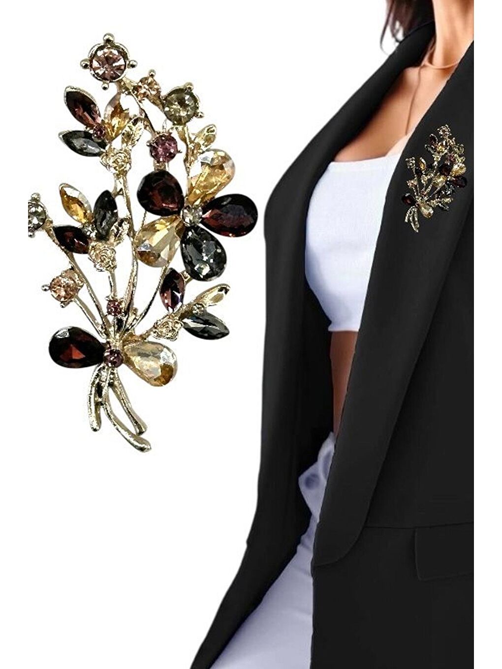 Gri Vintage Çiçek Buketi Taşlı Broş Yaka İğnesi-3