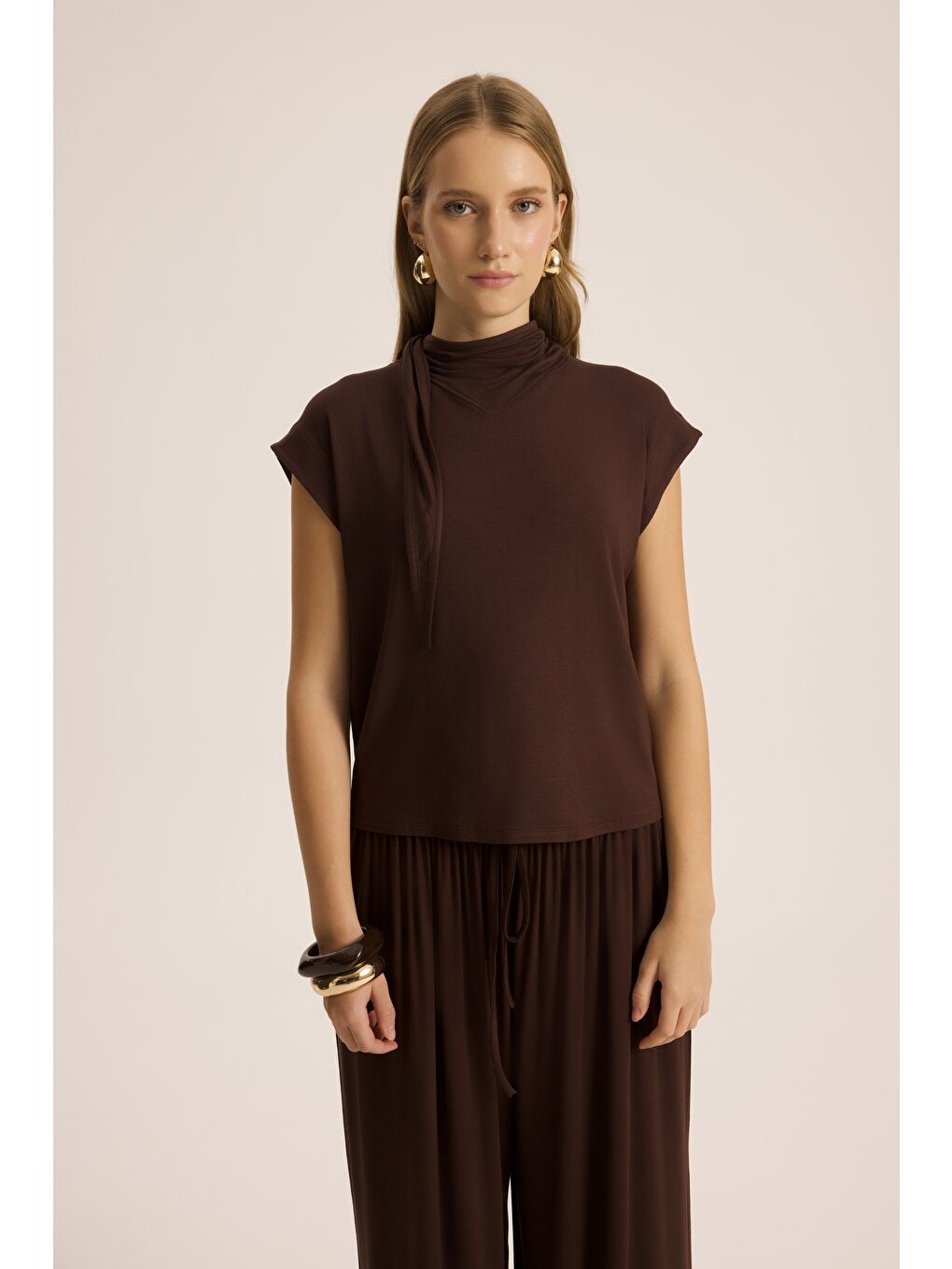 Kahverengi Merlin Bağlamalı Kahve Crop Pantolon Takım-5