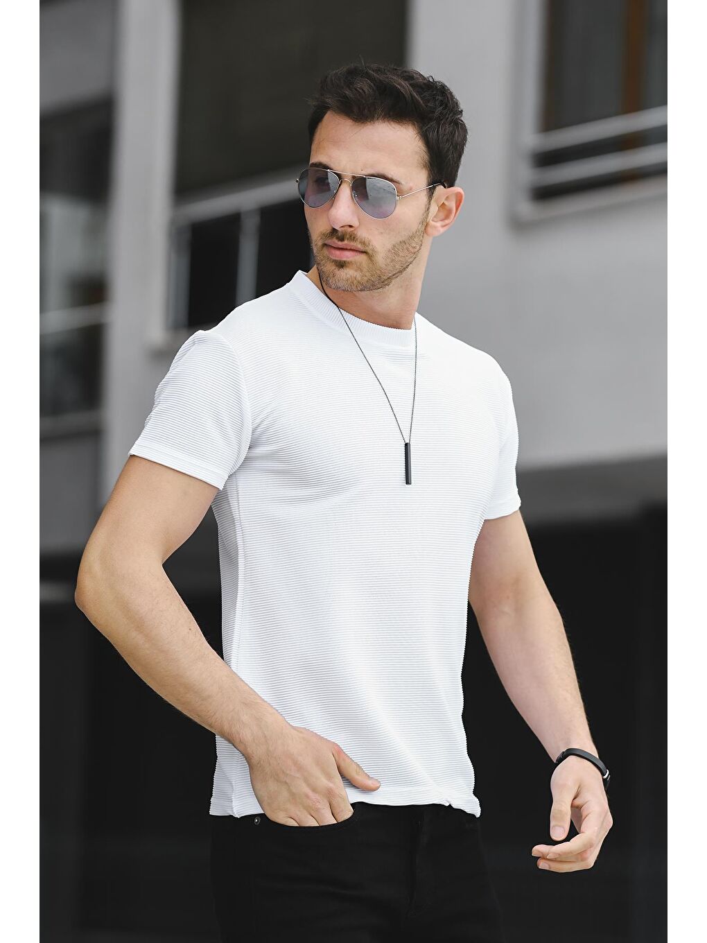 Beyaz Kumaş Basic Slim Fit Likralı Erkek Tişört