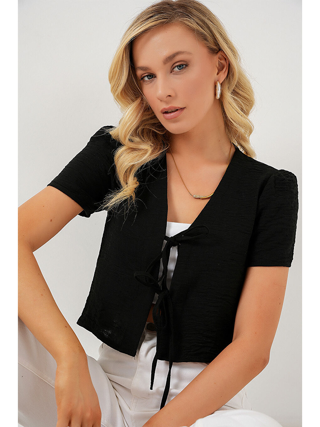 Kadın Kısa Kol Crop Bluz 958 - Siyah