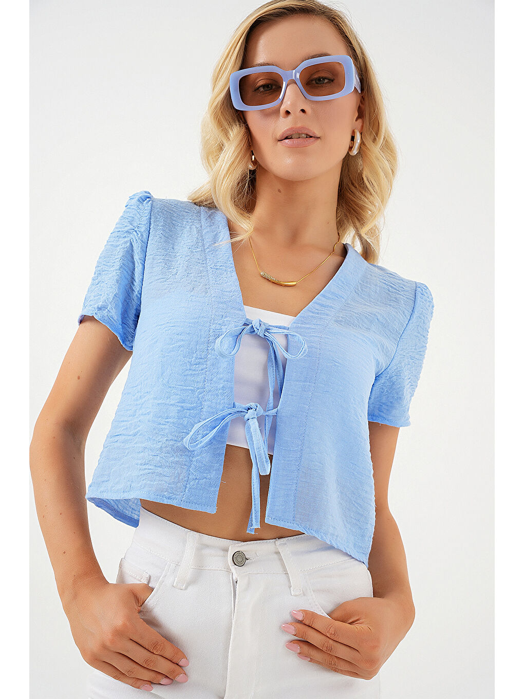 Kadın Kısa Kol Crop Bluz 958 - Mavi