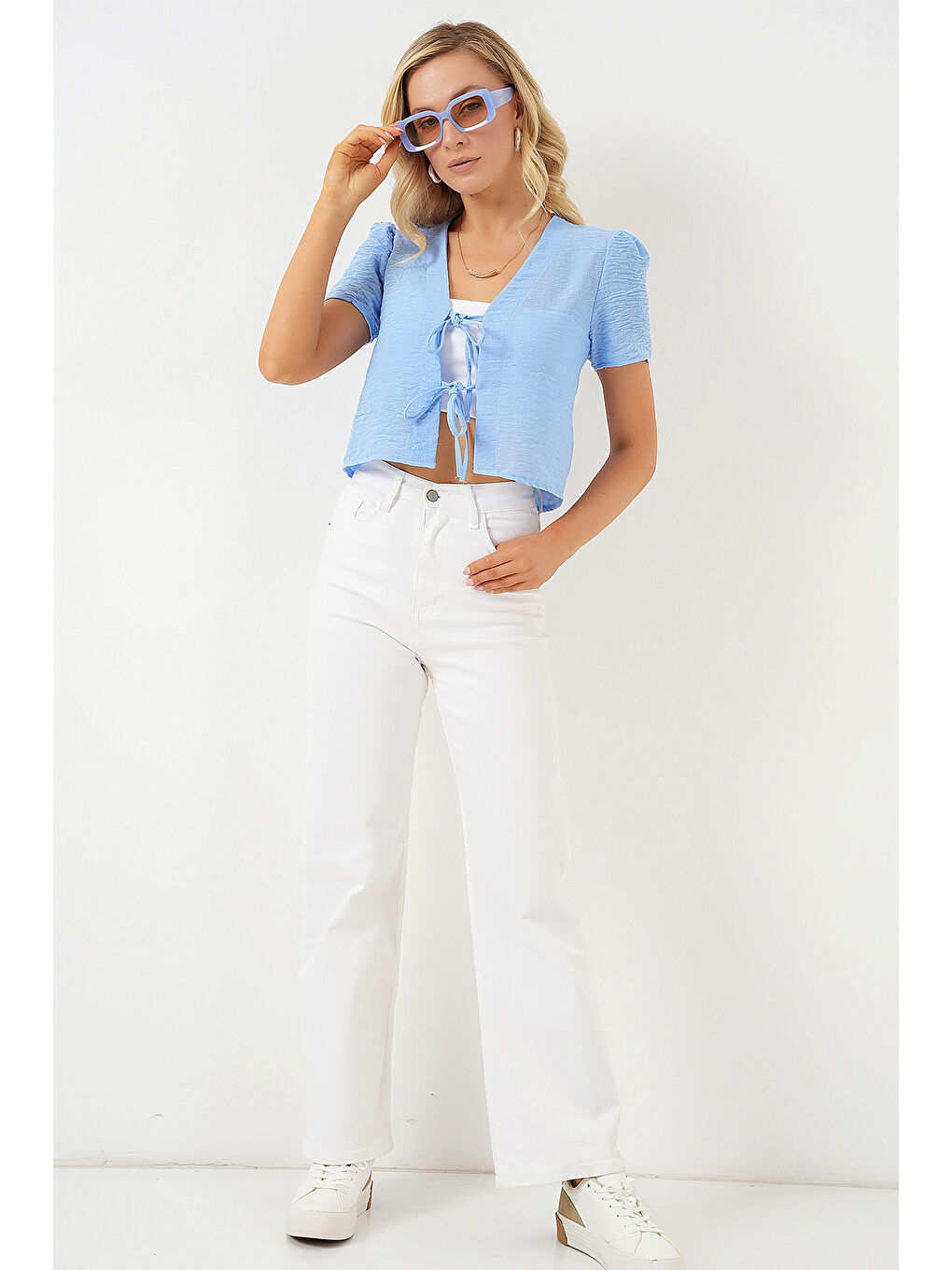 Kadın Kısa Kol Crop Bluz 958 - Mavi-1