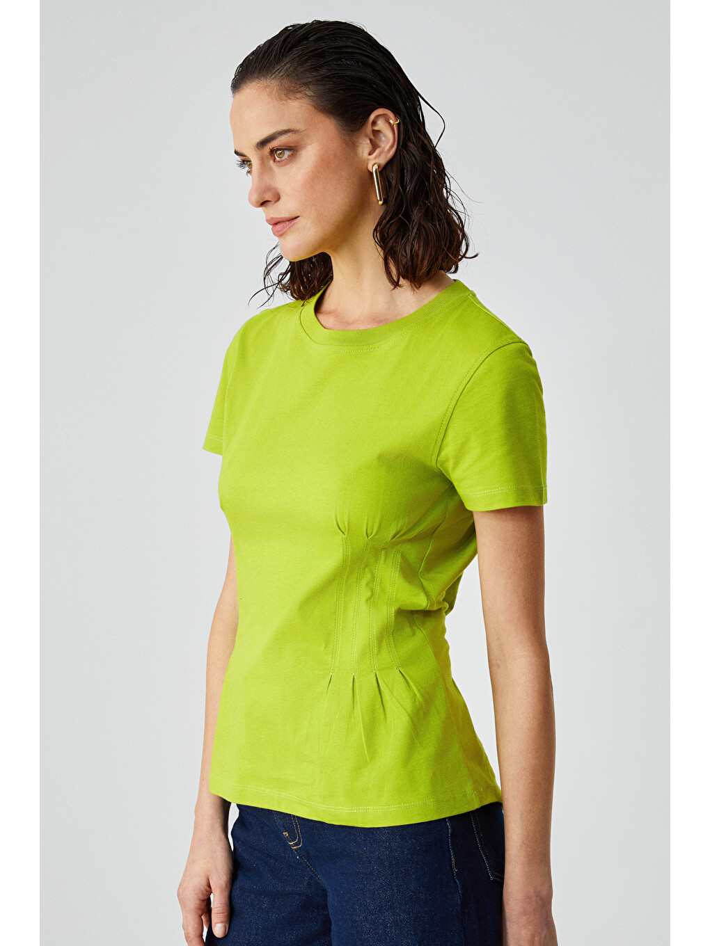 Yeşil JESSIA Kadın Korse Detaylı %100 Organik Pamuk Bisiklet Yaka YEŞİL T-Shirt-2