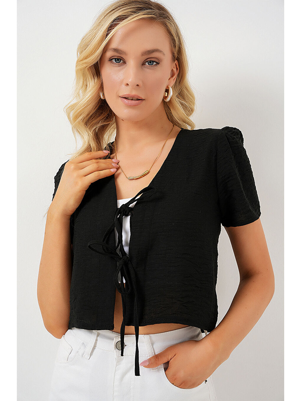 Kadın Kısa Kol Crop Bluz 958 - Siyah-2