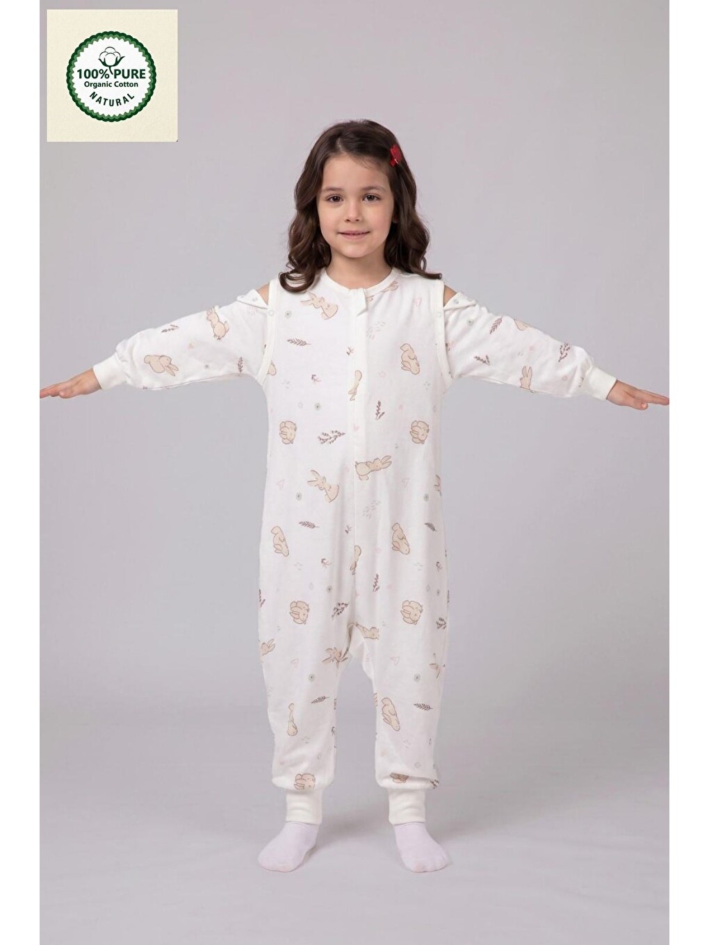Ekru Pazen Çıtçıtlı Çıkarılabilir Kollu Bebek Çocuk Uyku Tulumu 1.0 Tog %100 Pamuk Natural-1