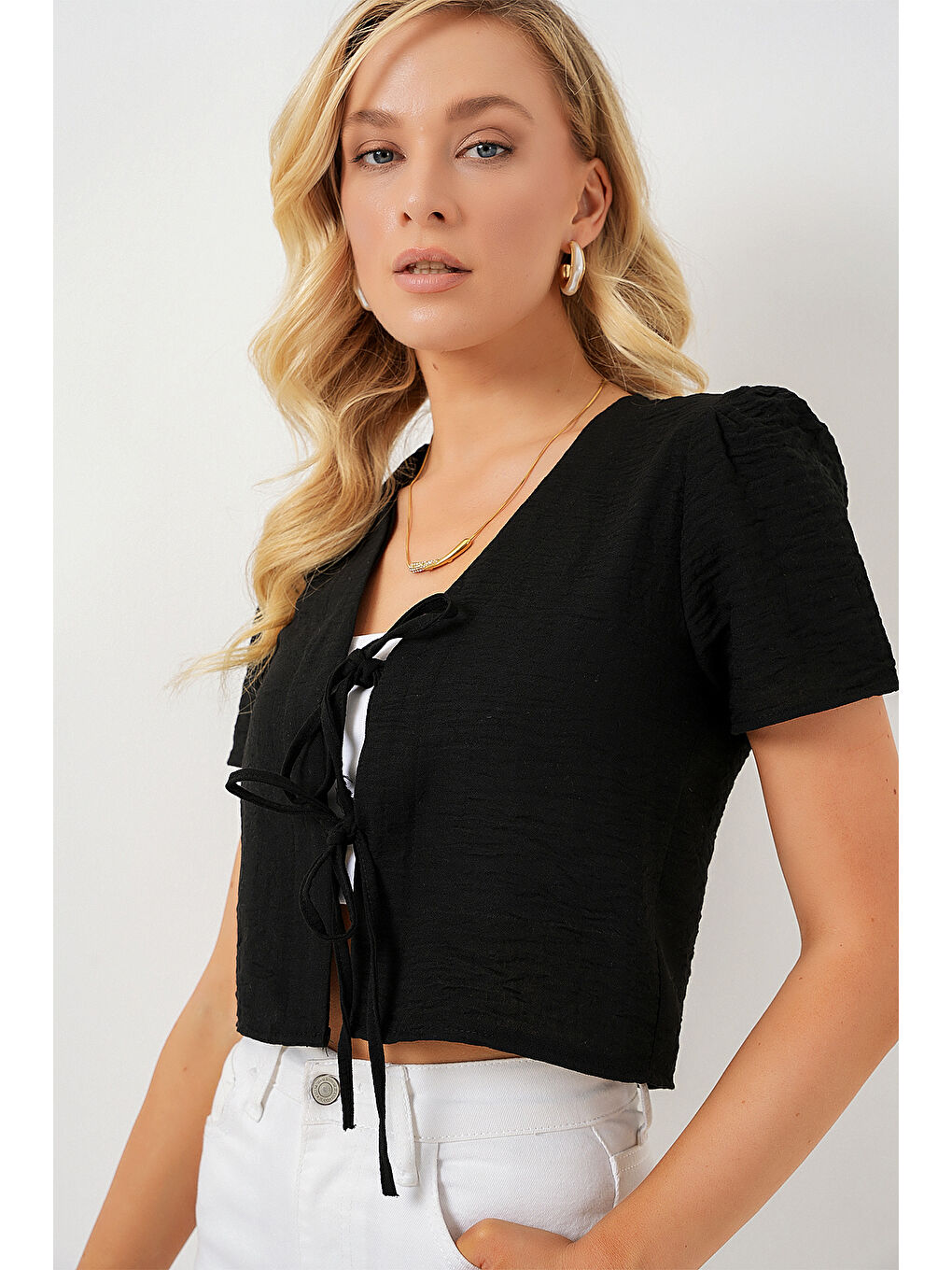 Kadın Kısa Kol Crop Bluz 958 - Siyah-3