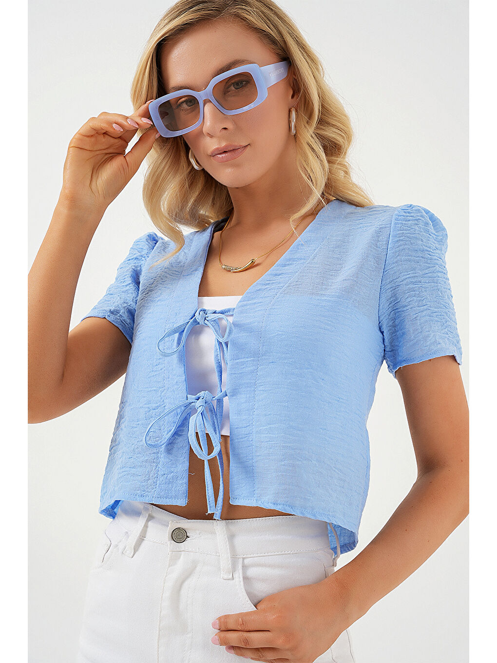 Kadın Kısa Kol Crop Bluz 958 - Mavi-3