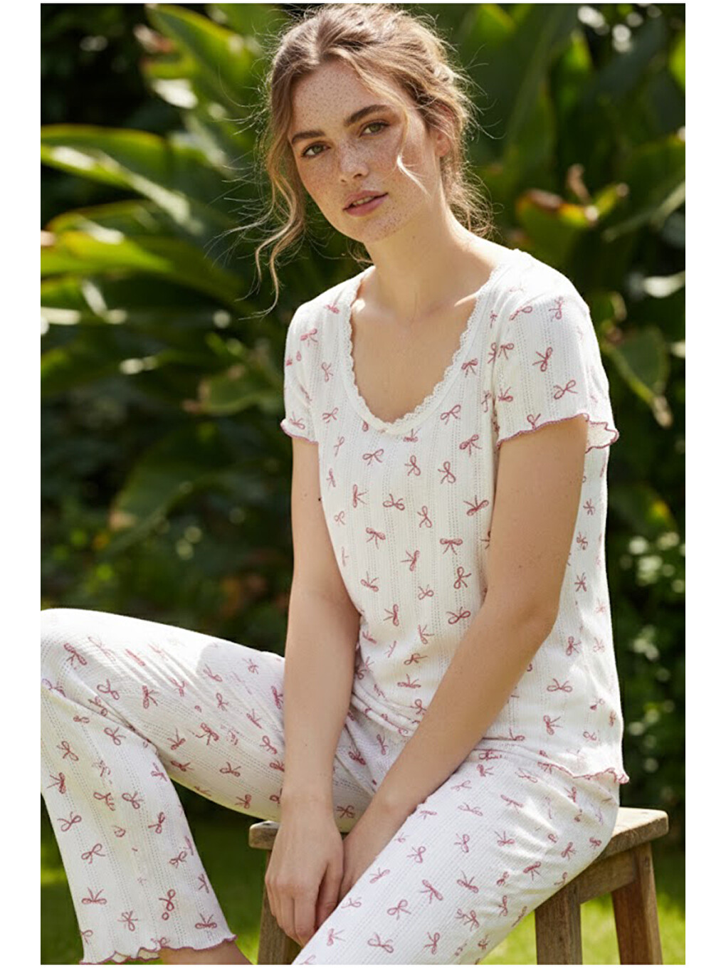 Pembe Somon Fiyonk Desenli Pamuklu Pointel Ajurlu/delikli Kısa Kolluörme Pijama Takım 26120641