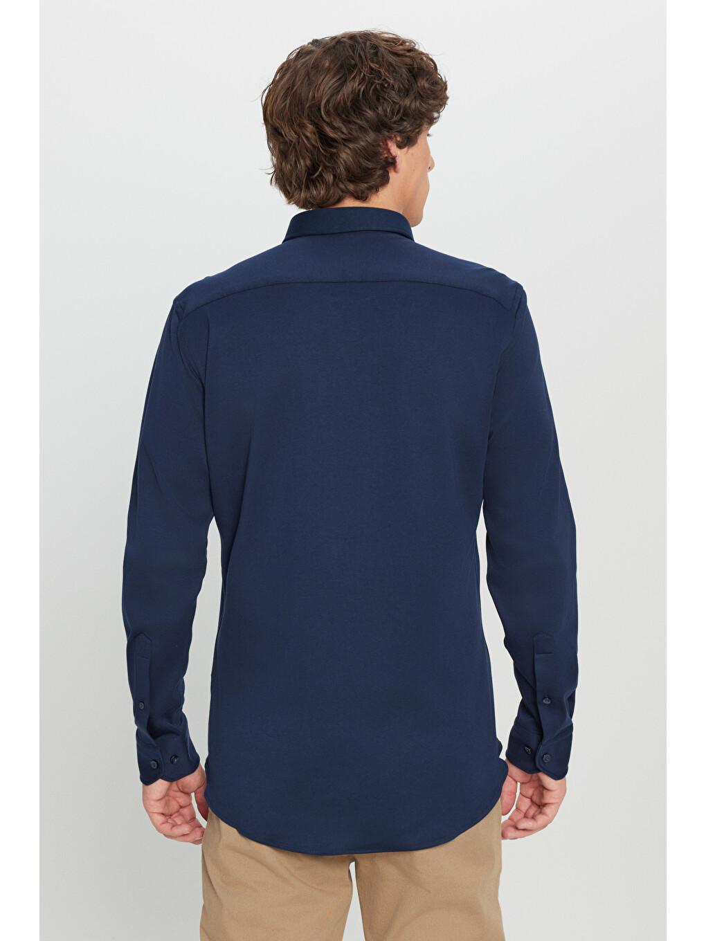 Erkek Lacivert %100 Pamuk Slim Fit Dar Kesim Düğmeli Yaka Örme Gömlek-4