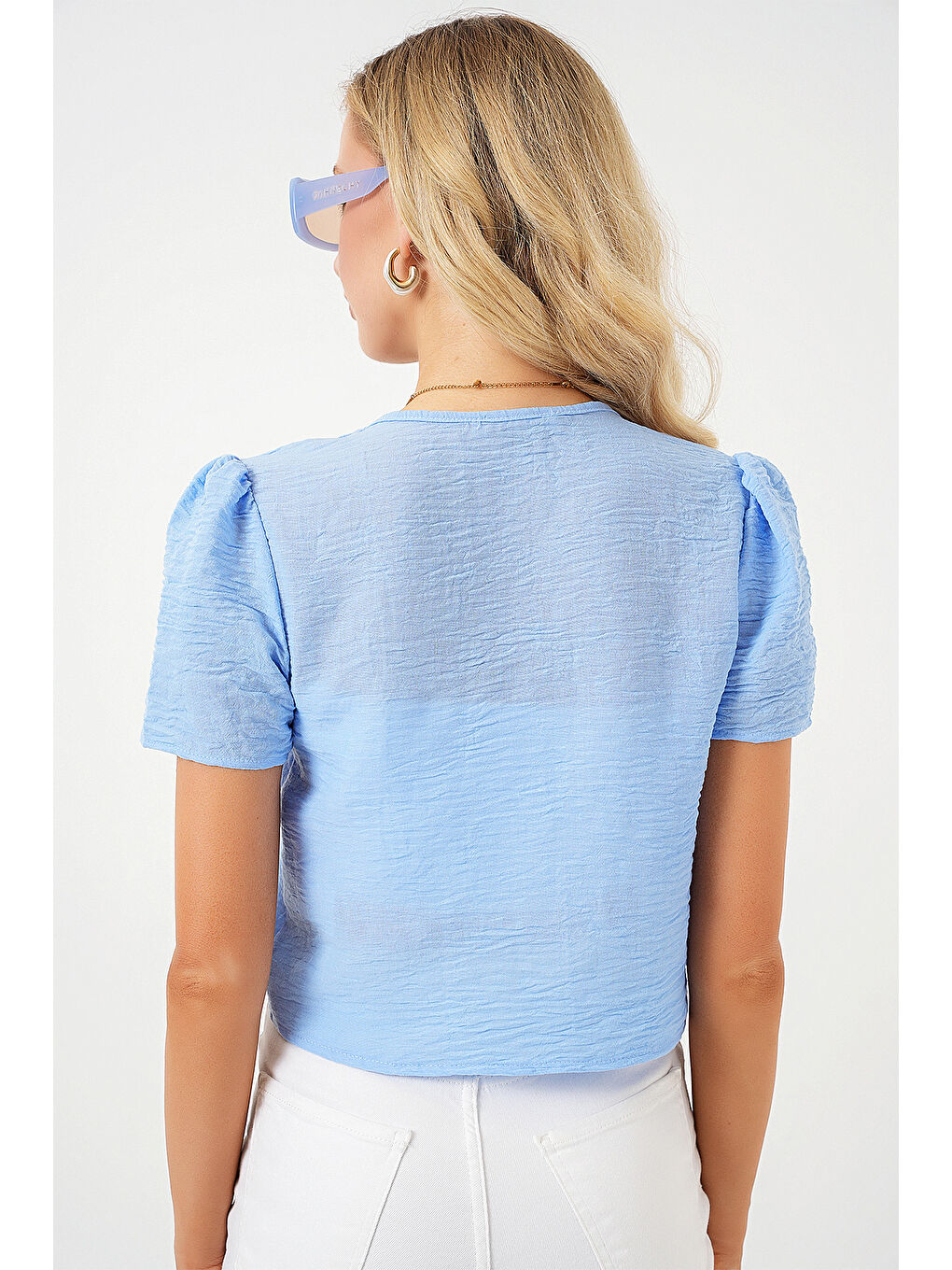 Kadın Kısa Kol Crop Bluz 958 - Mavi-5