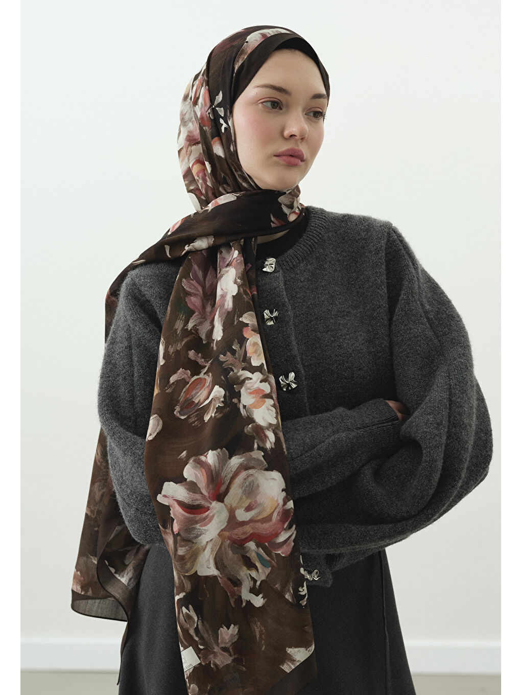 Kahverengi JANE DESENLİ PAMUK VİSKON ŞAL KAHVERENGİ-2