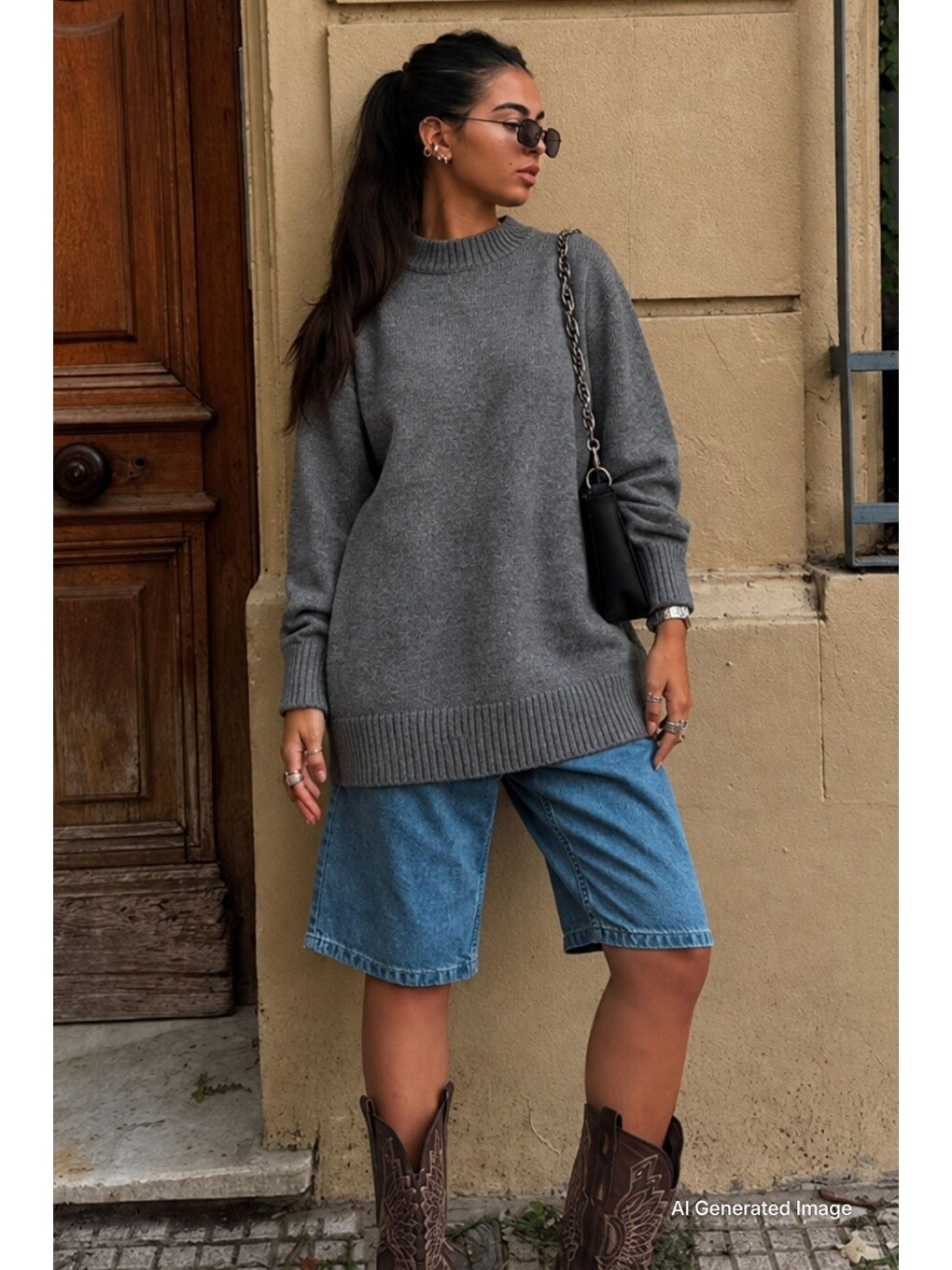 Antrasit Bisiklet Yaka Oversize Uzun Kadın Triko Kazak Mg2890