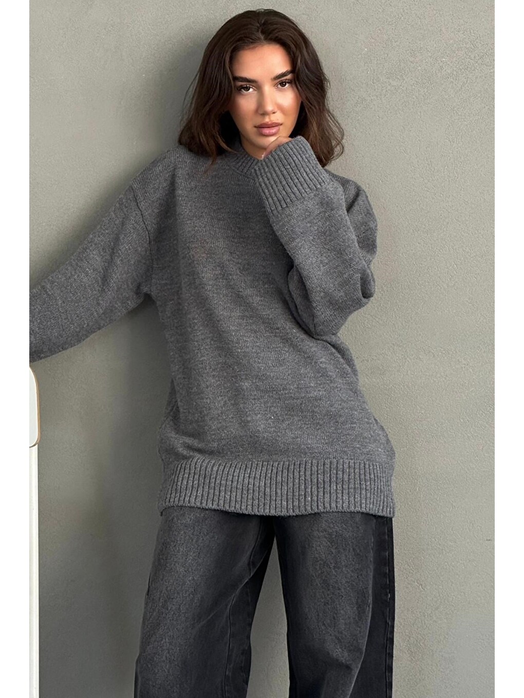 Antrasit Bisiklet Yaka Oversize Uzun Kadın Triko Kazak Mg2890-4