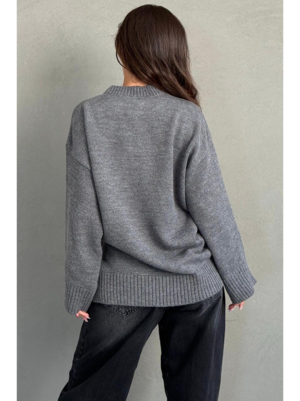 Antrasit Bisiklet Yaka Oversize Uzun Kadın Triko Kazak Mg2890-5
