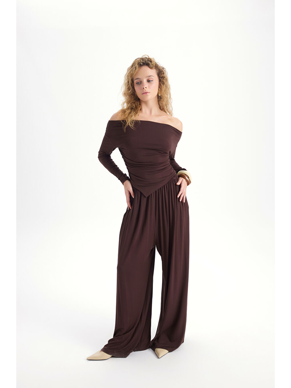 Kahverengi Apolline Üçgen Kesim Kahve Crop Pantolon Takım-1