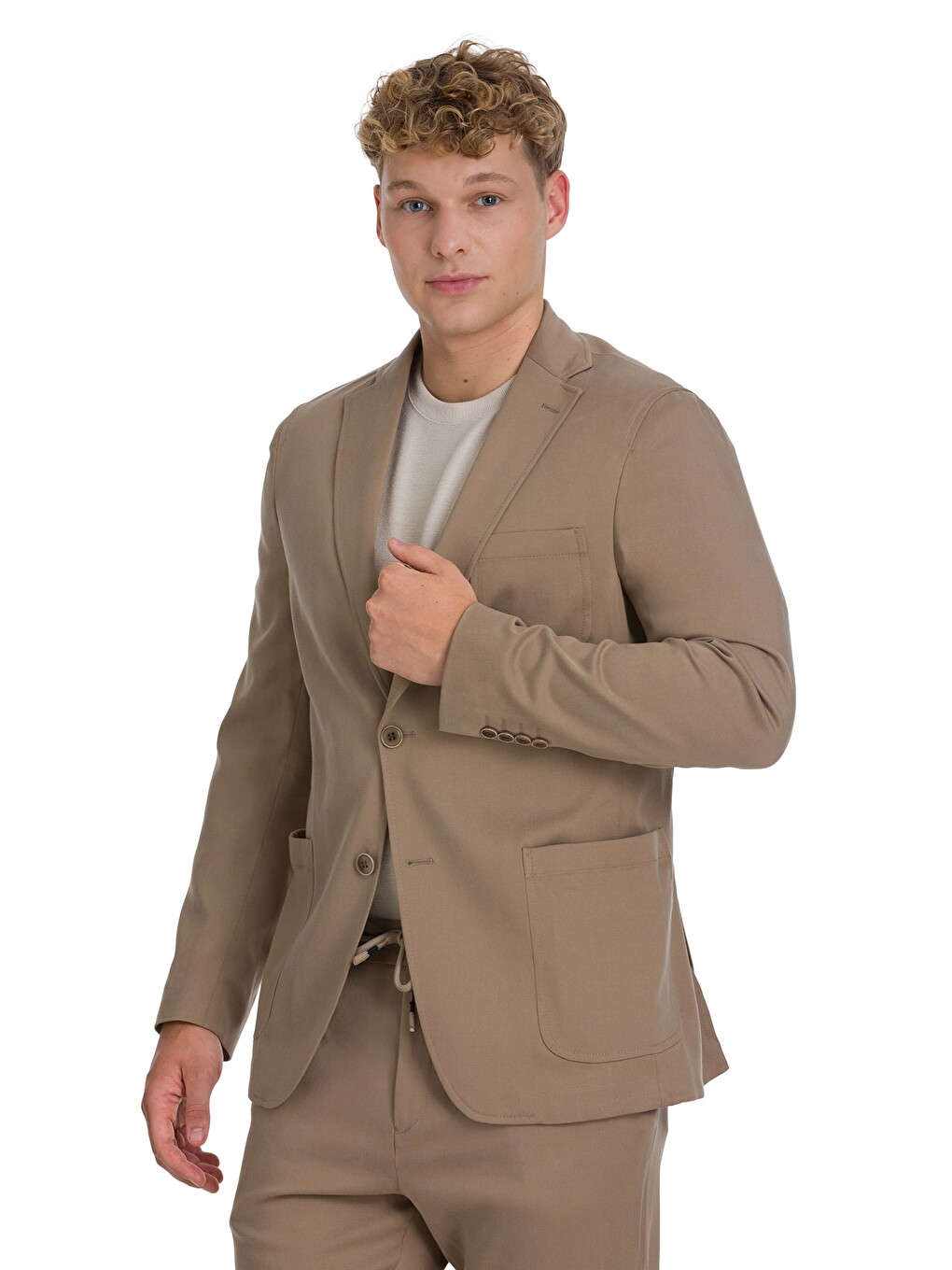 Bej Vizon Regular Fit Mono Yaka Pamuklu Takım Elbise-1