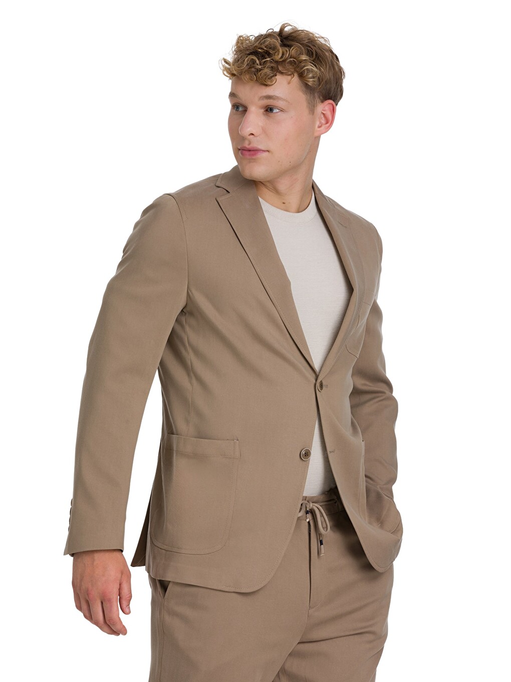 Bej Vizon Regular Fit Mono Yaka Pamuklu Takım Elbise-3
