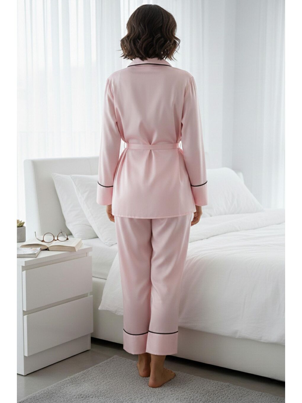 Pembe Soft Glow Şal Yaka Uzun Kol Saten Pijama Takımı-1