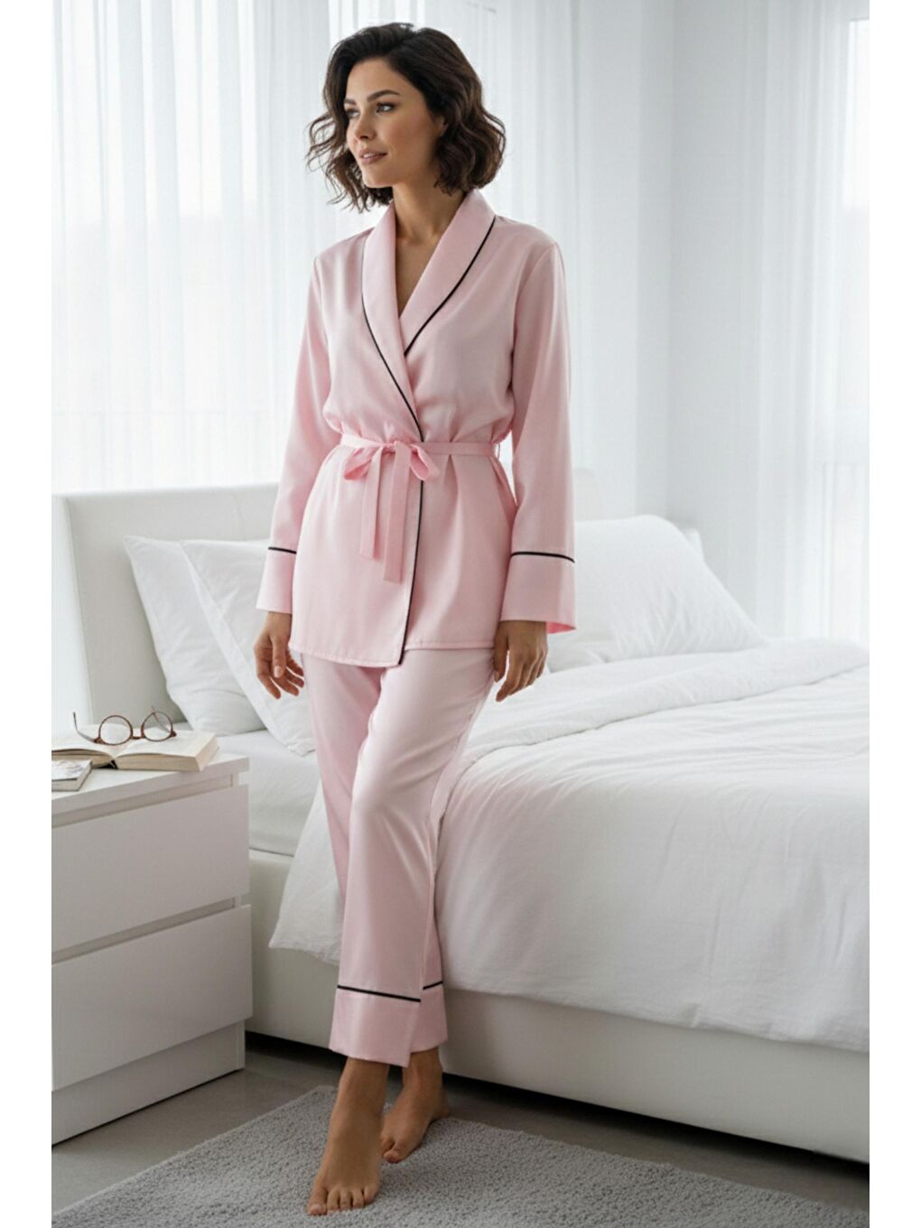 Pembe Soft Glow Şal Yaka Uzun Kol Saten Pijama Takımı-2