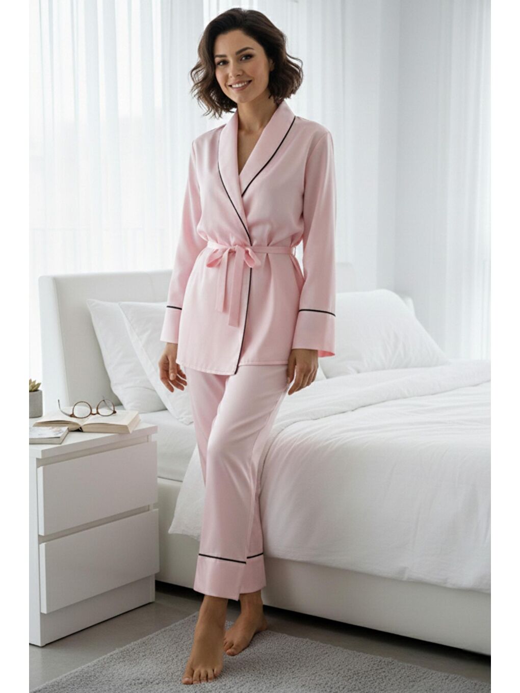 Pembe Soft Glow Şal Yaka Uzun Kol Saten Pijama Takımı-3