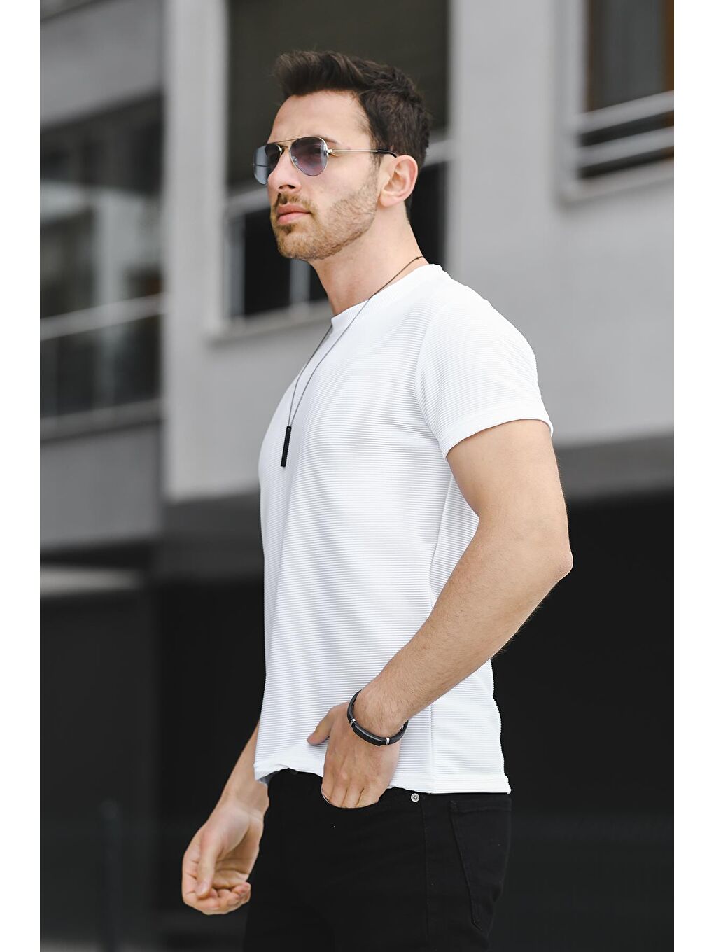 Beyaz Kumaş Basic Slim Fit Likralı Erkek Tişört-2