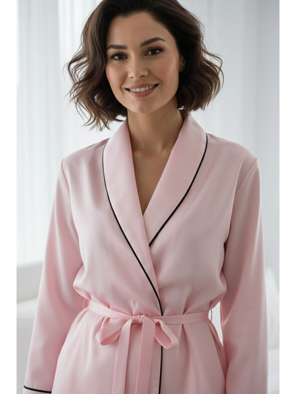 Pembe Soft Glow Şal Yaka Uzun Kol Saten Pijama Takımı-4