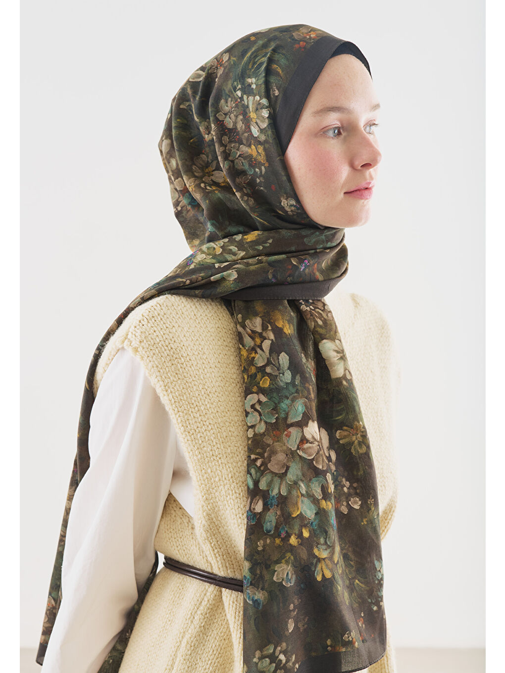 Kahverengi DARK BEAUTY DESENLİ PAMUK VİSKON ŞAL KAHVE-2