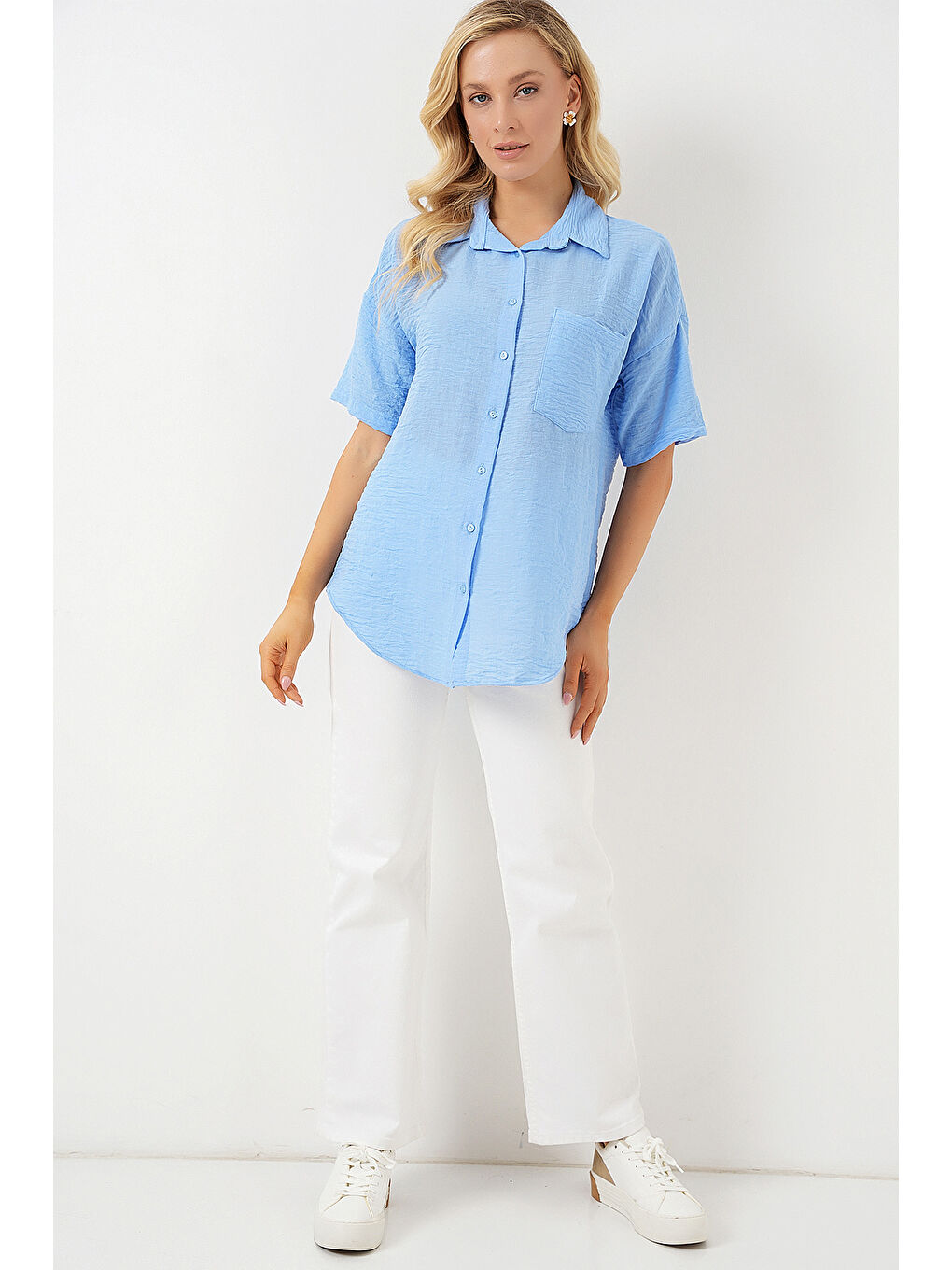 Kadın Kısa Kol Keten Görünümlü Gömlek 20336 - Mavi-1