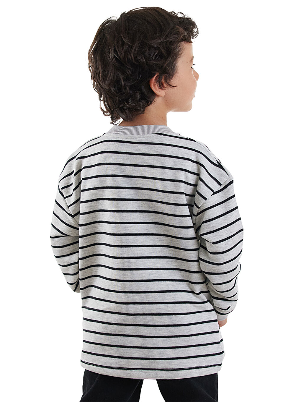 Cool Oversize Çizgili Gri Erkek Çocuk Sweatshirt-1