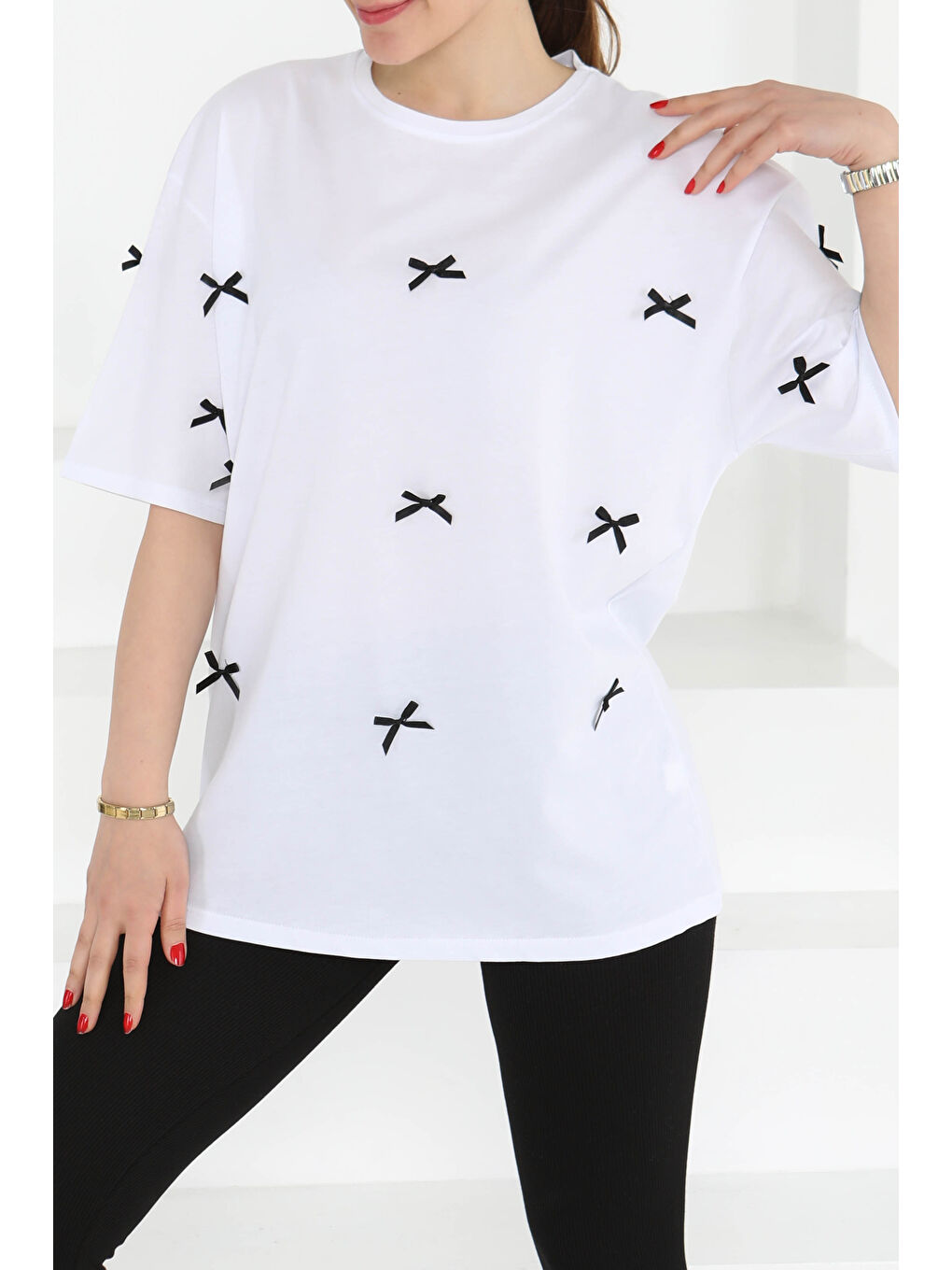 Fiyonklu Kısa Kollu T-Şhirt Beyaz - 27127-1