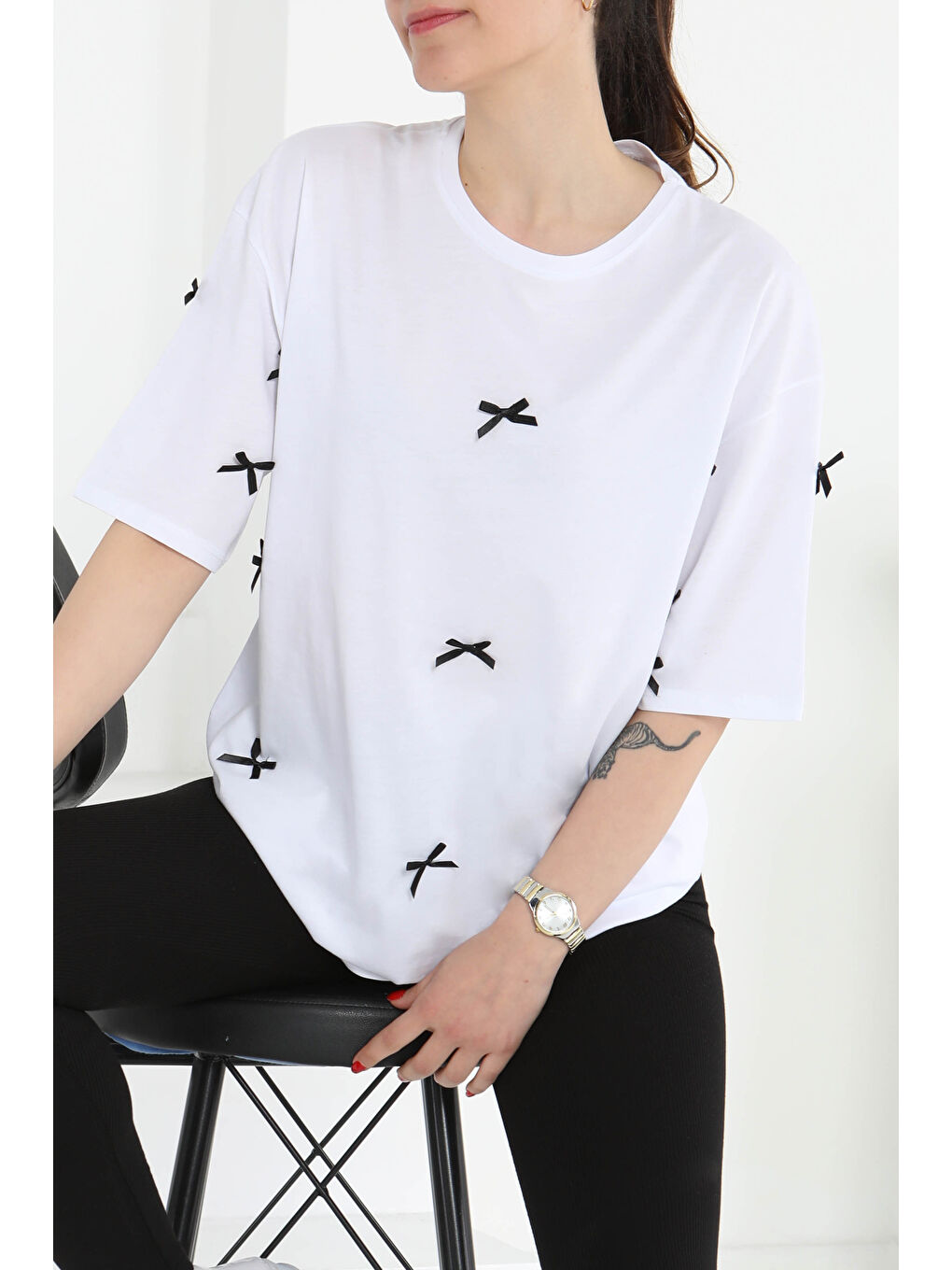 Fiyonklu Kısa Kollu T-Şhirt Beyaz - 27127-2