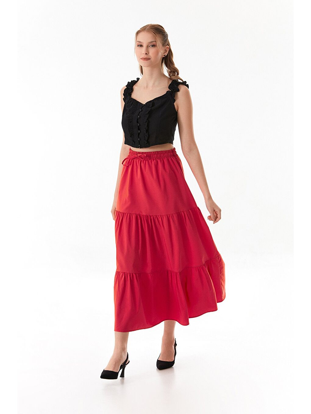 Kırmızı Terikoton Kumaş Fırfırlı Etek-1