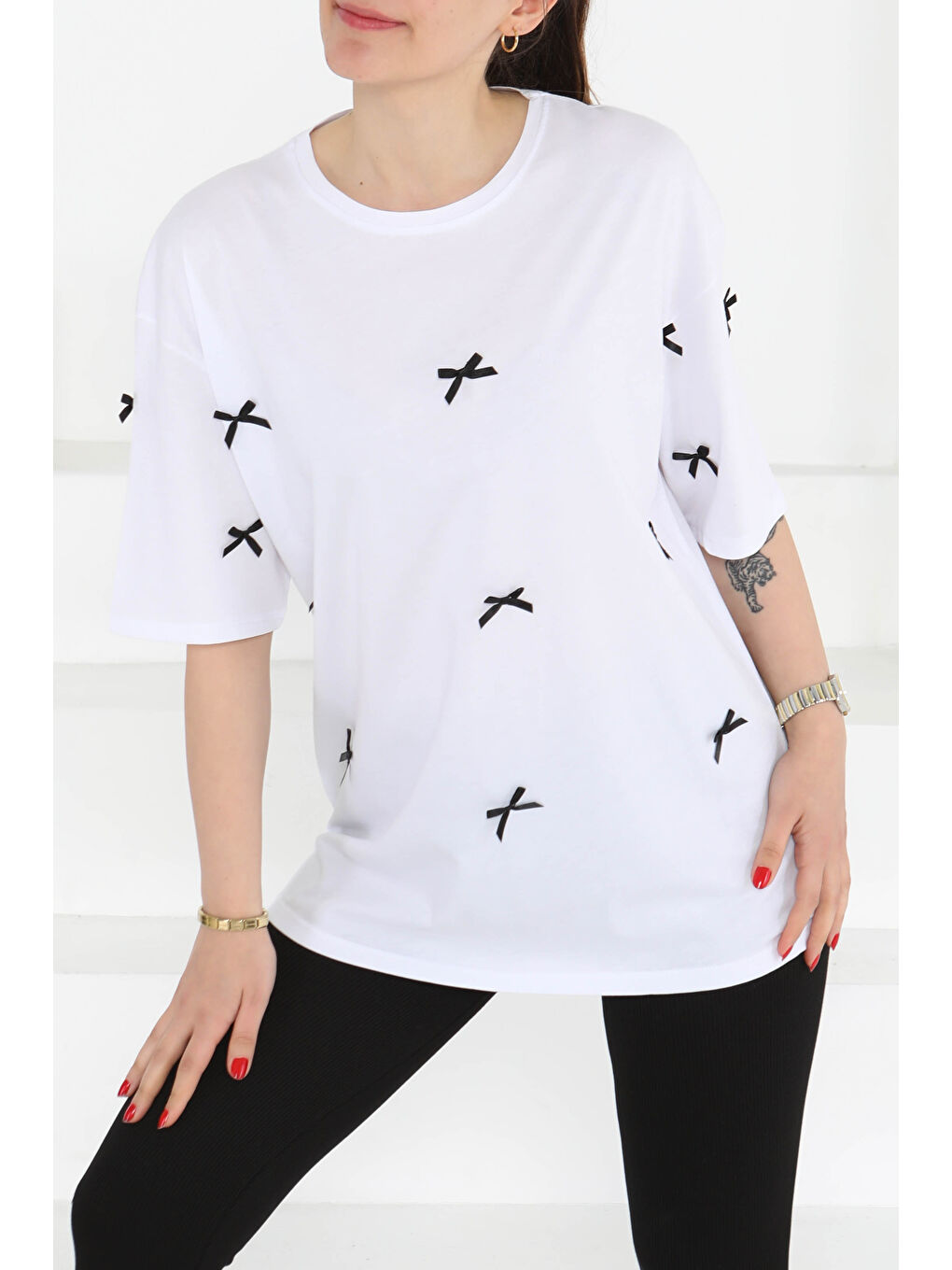 Fiyonklu Kısa Kollu T-Şhirt Beyaz - 27127-3