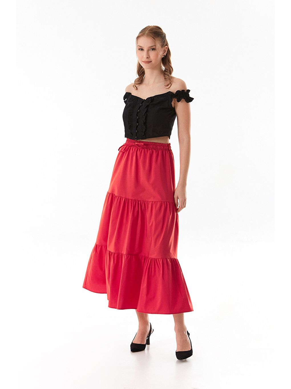 Kırmızı Terikoton Kumaş Fırfırlı Etek-2