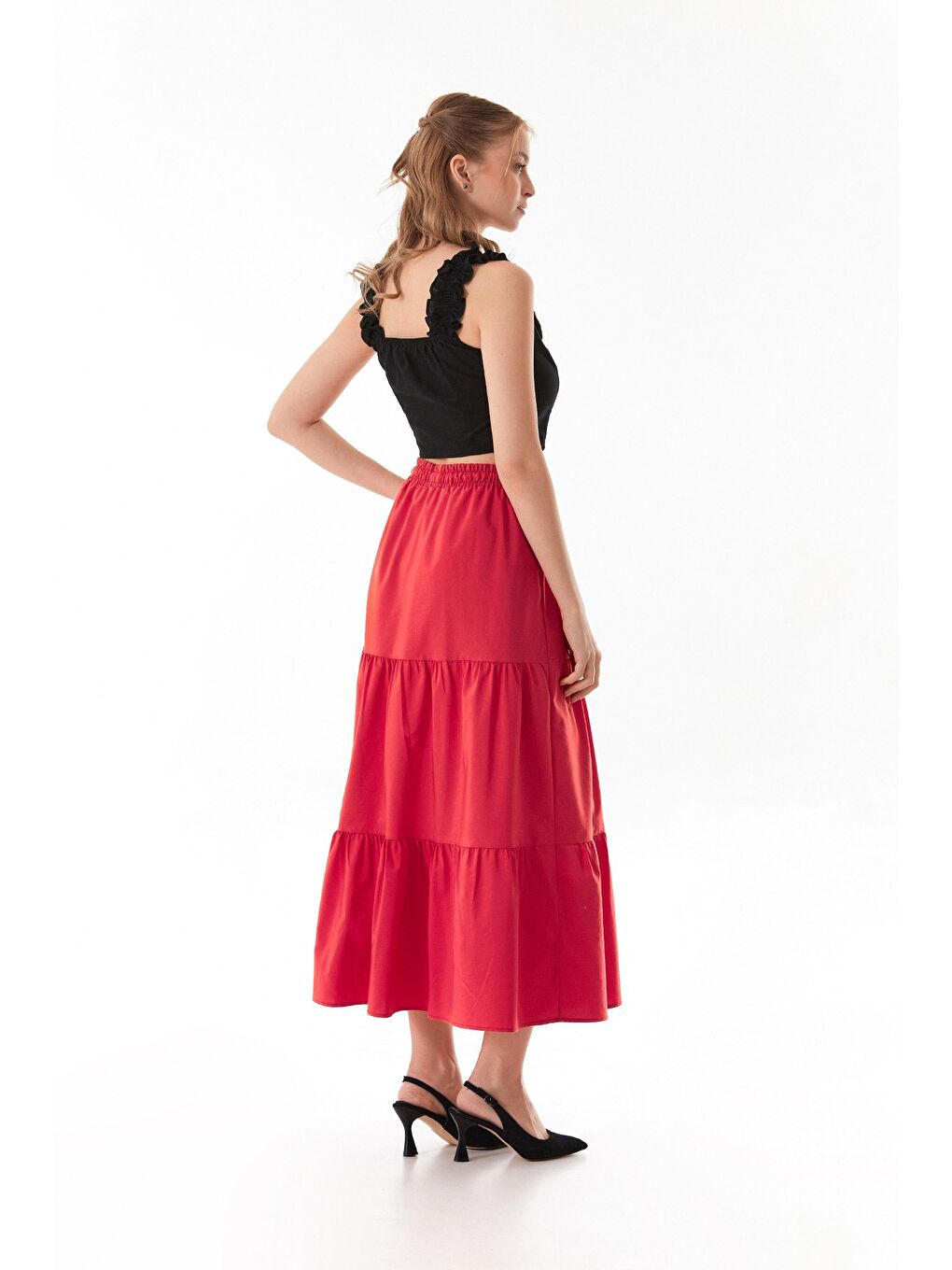 Kırmızı Terikoton Kumaş Fırfırlı Etek-3