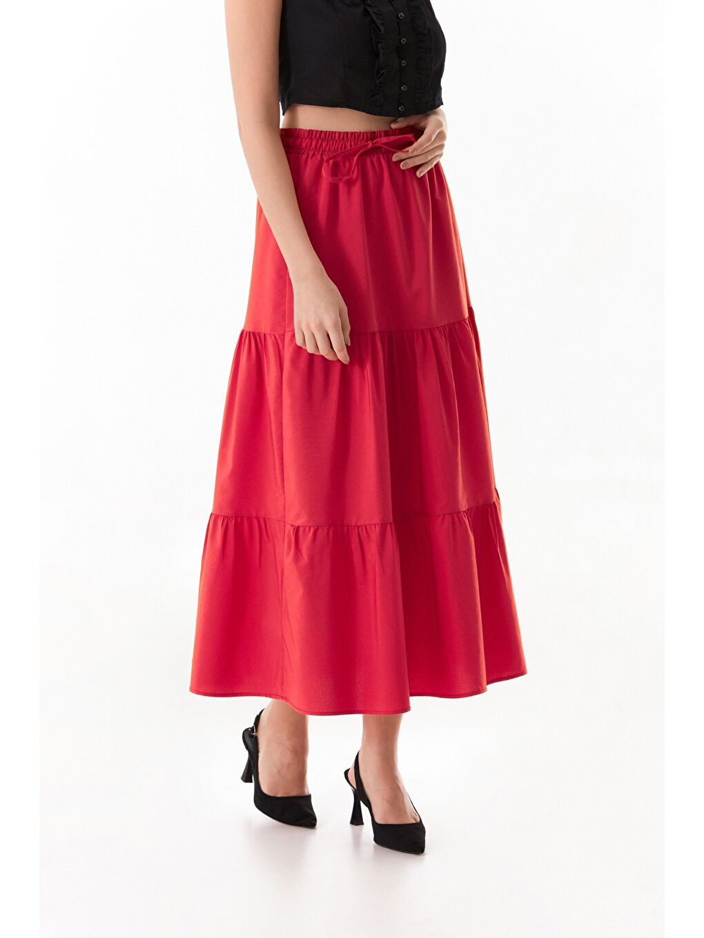 Kırmızı Terikoton Kumaş Fırfırlı Etek-4