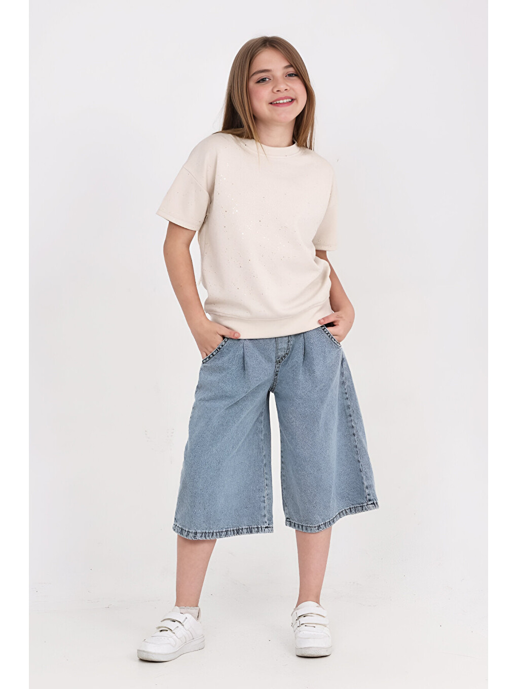 Ekru Kız Çocuk Jean Kaprili 2'li Alt-Üst Takım 7-12 Yaş 12673SK