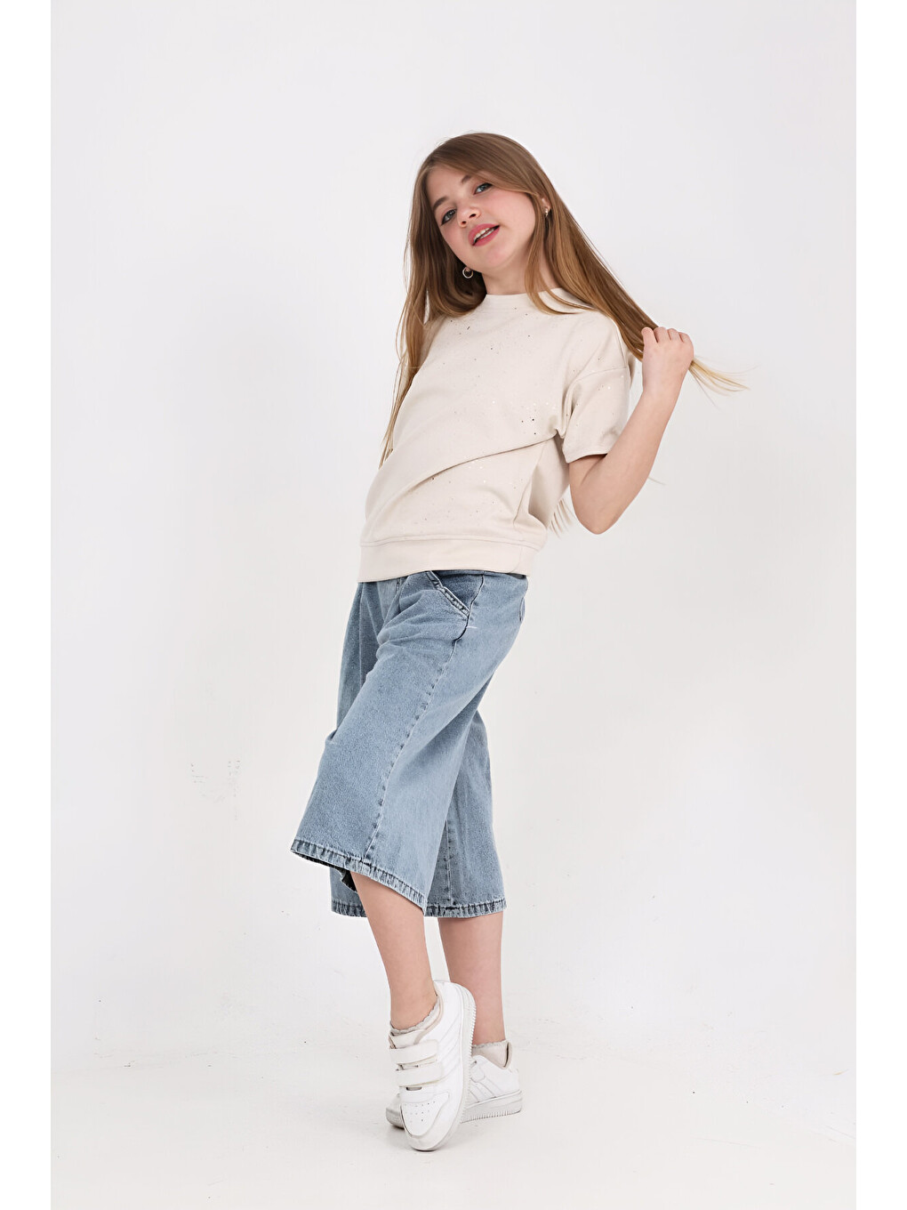 Ekru Kız Çocuk Jean Kaprili 2'li Alt-Üst Takım 7-12 Yaş 12673SK-1