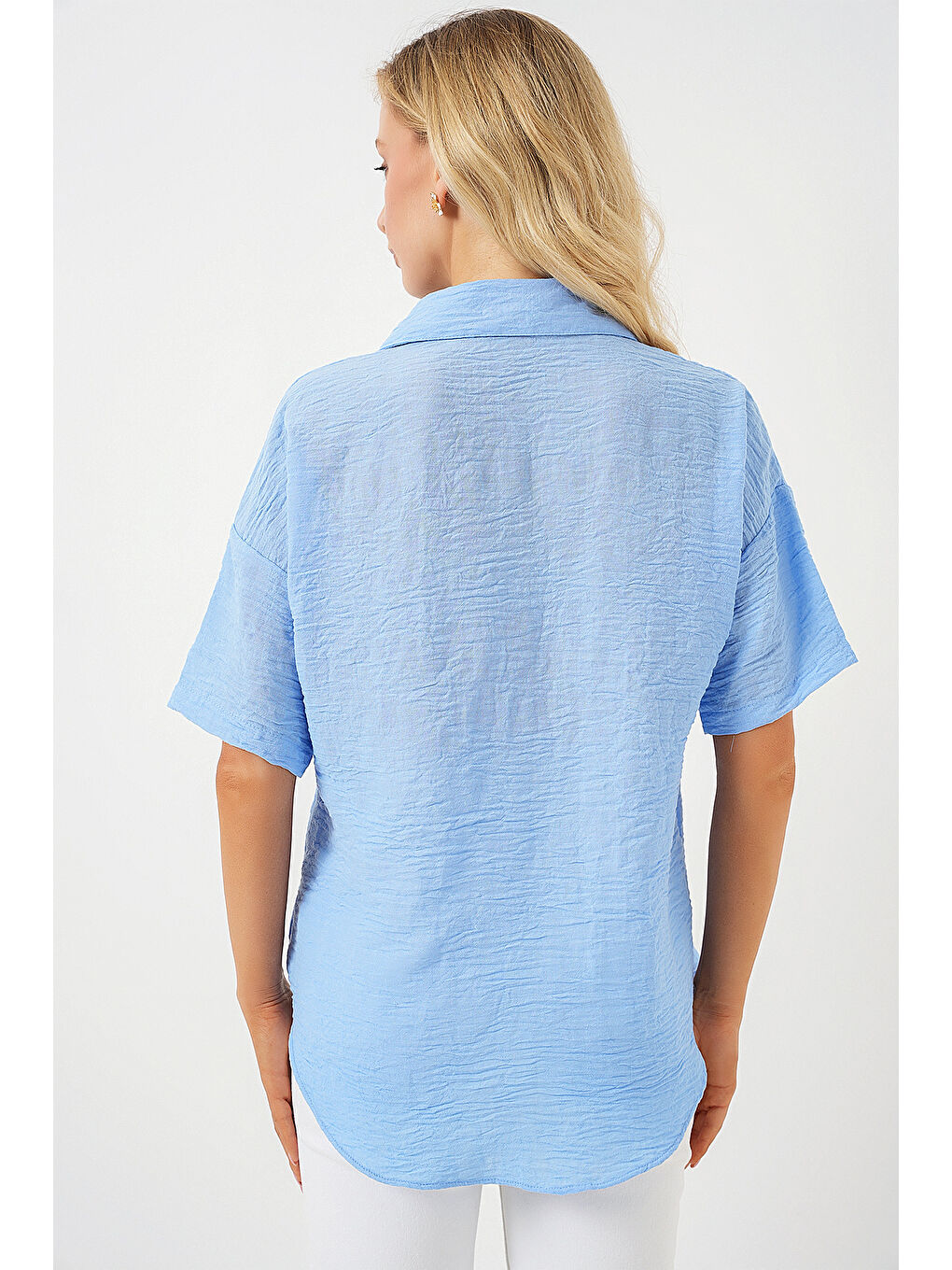 Kadın Kısa Kol Keten Görünümlü Gömlek 20336 - Mavi-5
