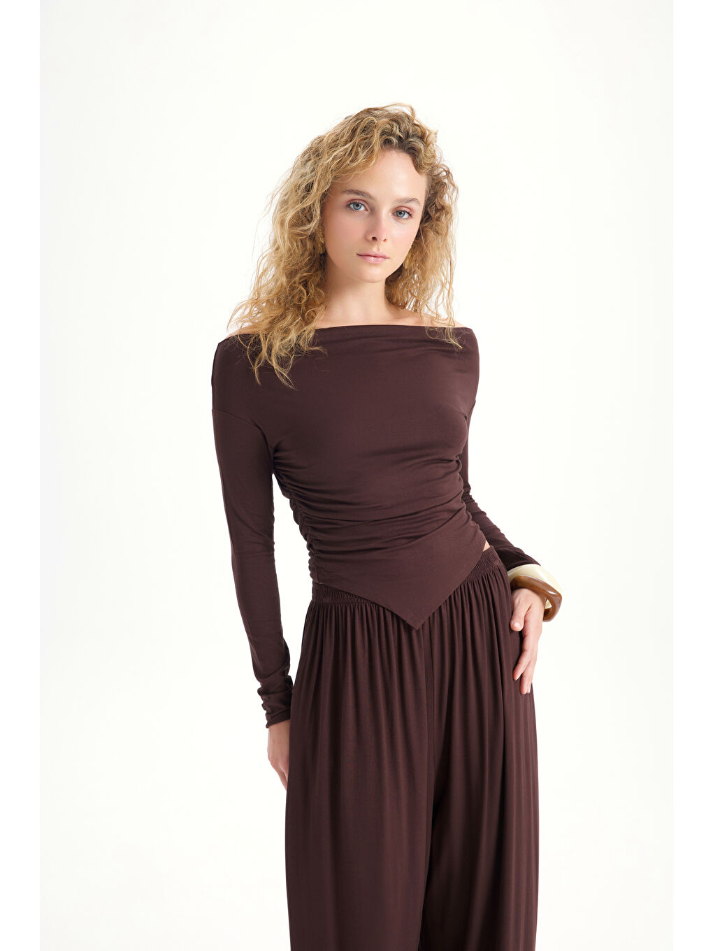 Kahverengi Apolline Üçgen Kesim Kahve Crop Pantolon Takım-5