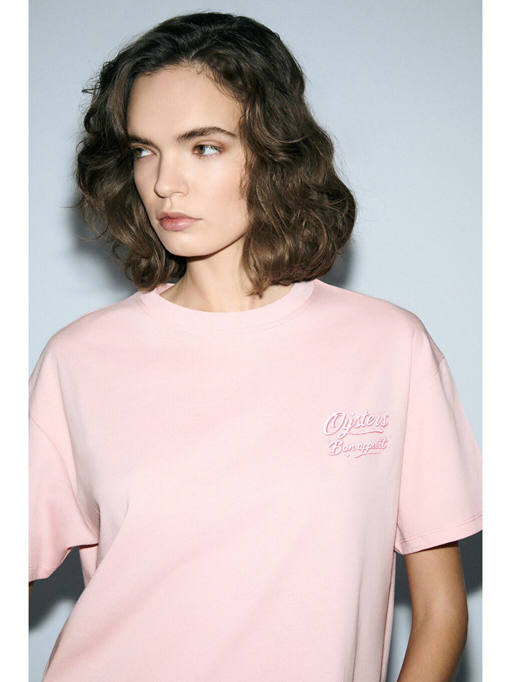 Pembe TILORIA Kadın Organik Pamuklu Baskılı Bisiklet Yaka Regular Fit SOMON T-Shirt-1