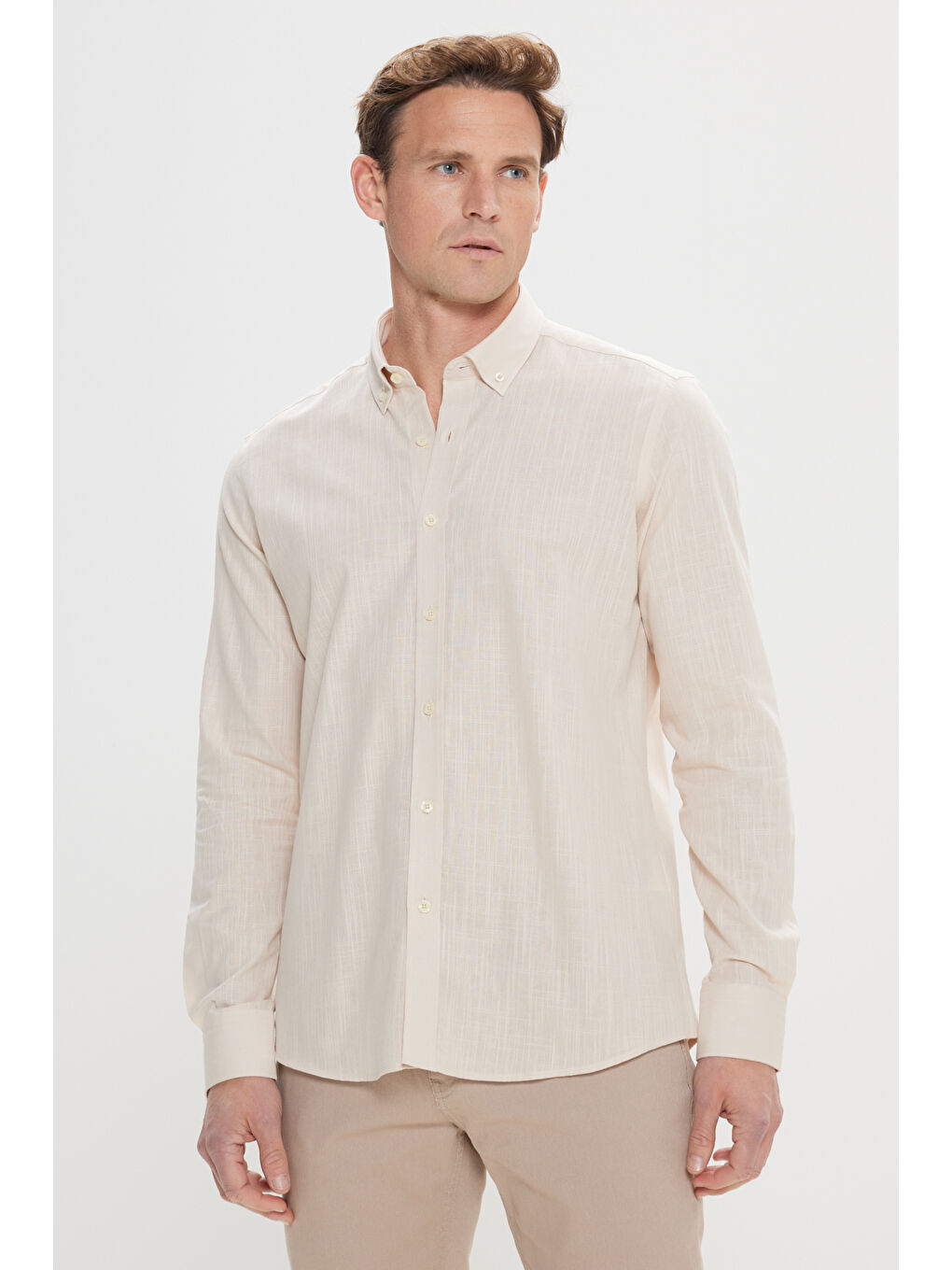 Erkek Bej %100 Pamuk Oxford Slim Fit Dar Kesim Düğmeli Yaka Flamlı Gömlek-1