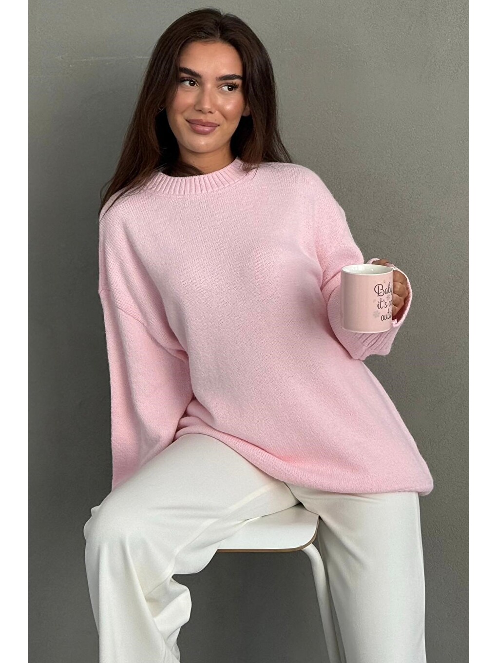 Pembe Bisiklet Yaka Oversize Uzun Kadın Triko Kazak Mg2890-1