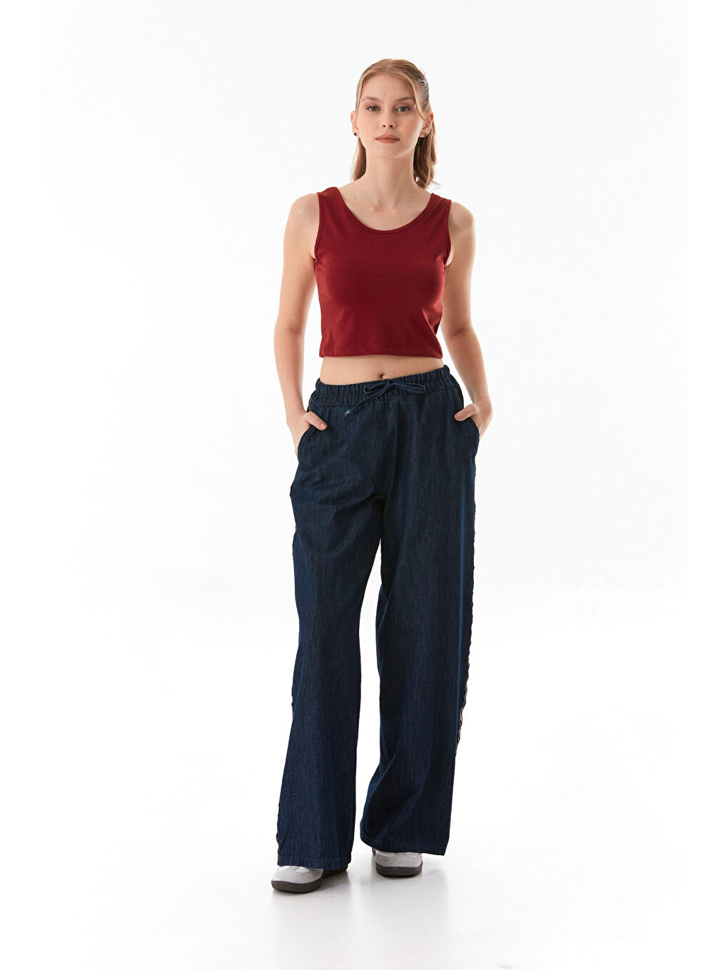 Lacivert Beli Bağlamalı Yanları Şeritli Wide Leg Jean