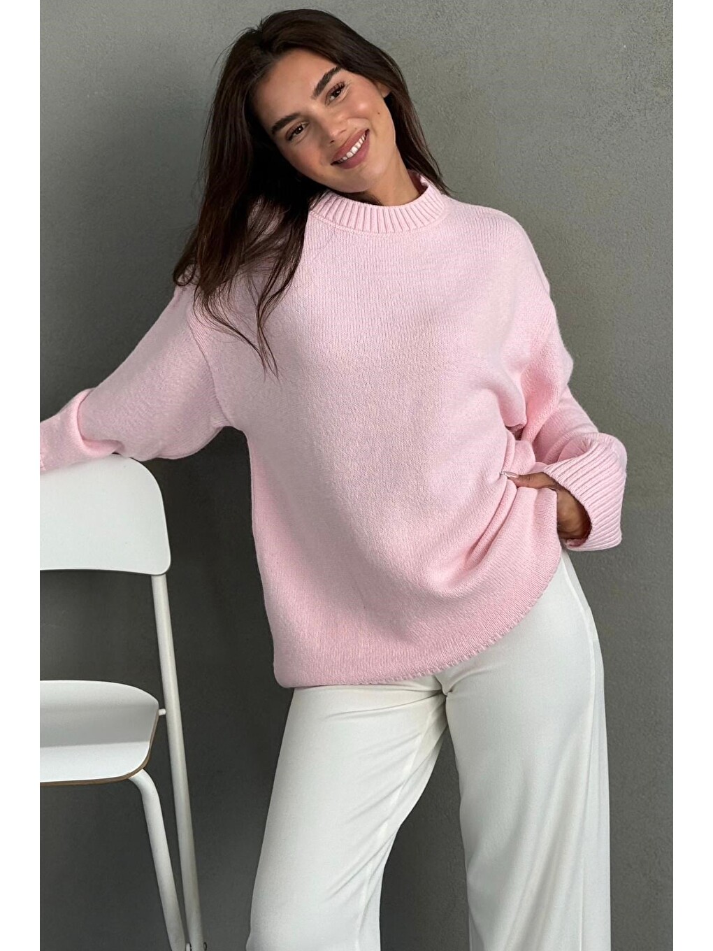 Pembe Bisiklet Yaka Oversize Uzun Kadın Triko Kazak Mg2890-3